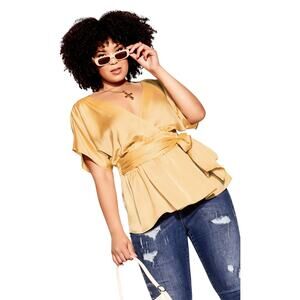 City Chic Top Tangled Soft Gold Tie Front Short Sleeve Top Blouse Size XS/14